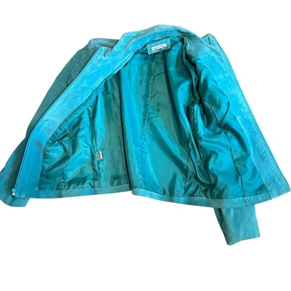 Vtg Yvonne Le Marie Teal Suede Genuine Leather Jacket Size 8 Zip up Lined - Picture 7 of 10